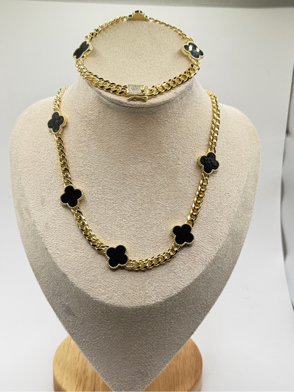 Gold plated Chain Necklace and Bracelet Set with Black Clover Motifs